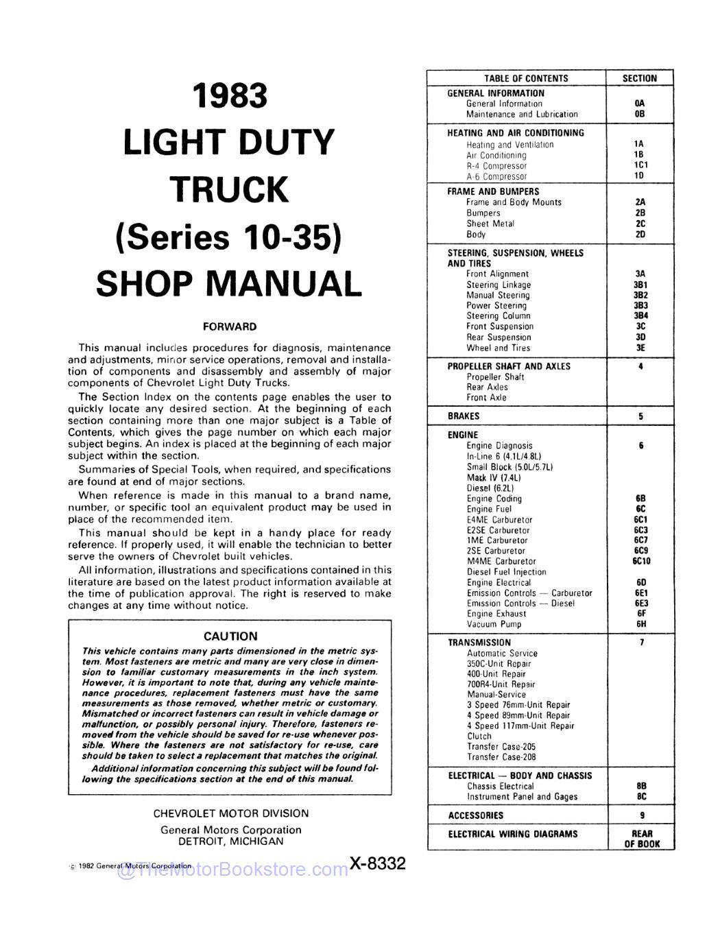 1983 GMC Light Duty Trucks Service Manual (C,K,G,P Series & Jimmy)  - Table of Contents