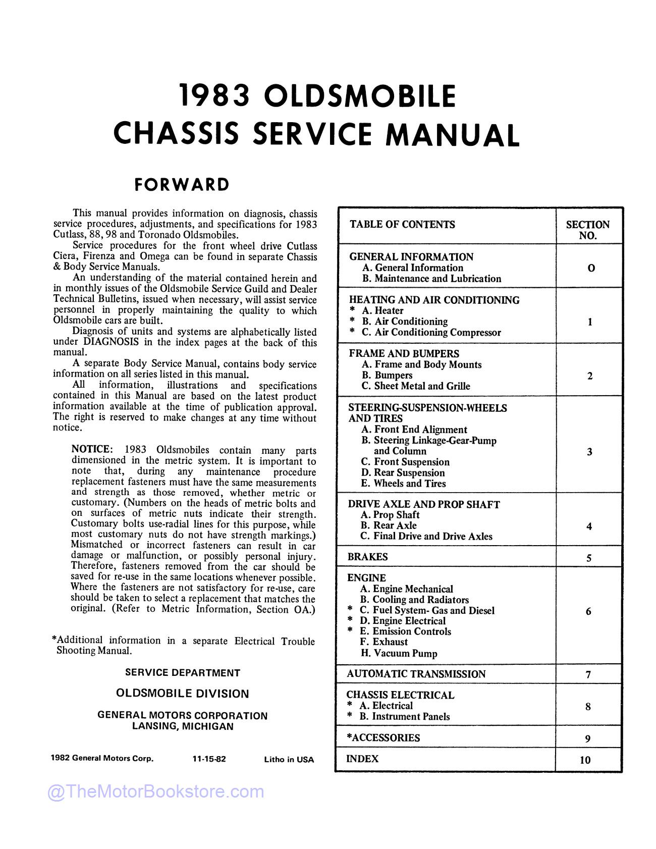 1983 Oldsmobile Service Repair Manual  - Table of Contents