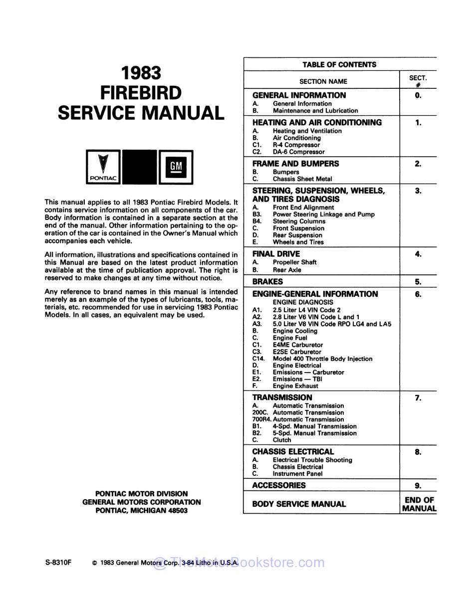 1983 Pontiac Firebird Chassis & Body Service Manual  - Table of Contents 1