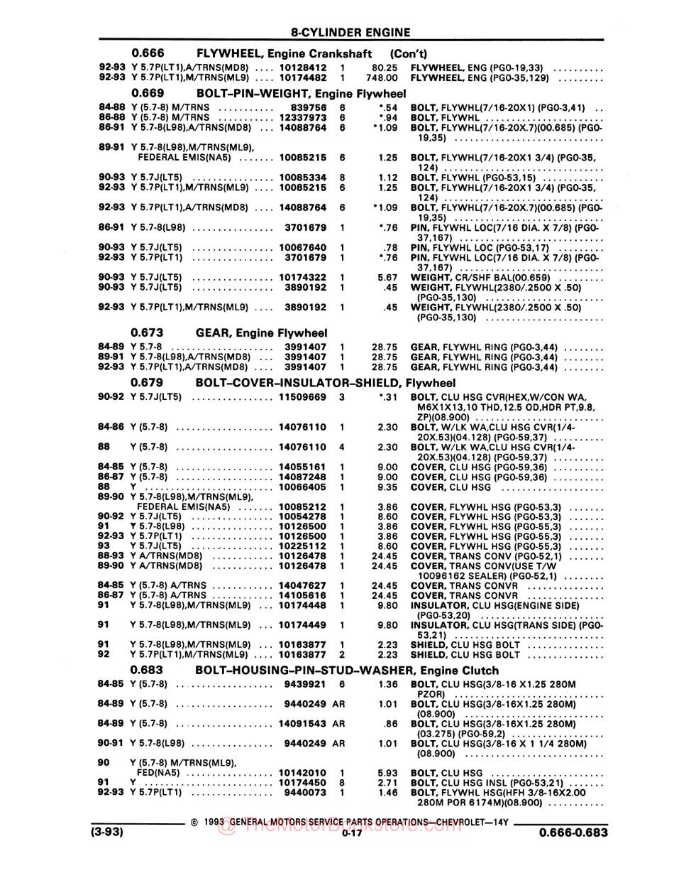 1984 - 1993Chevrolet Y Corvette Parts & Illustration Catalog Set - Sample Page - Text - 8-Cylinder Engine