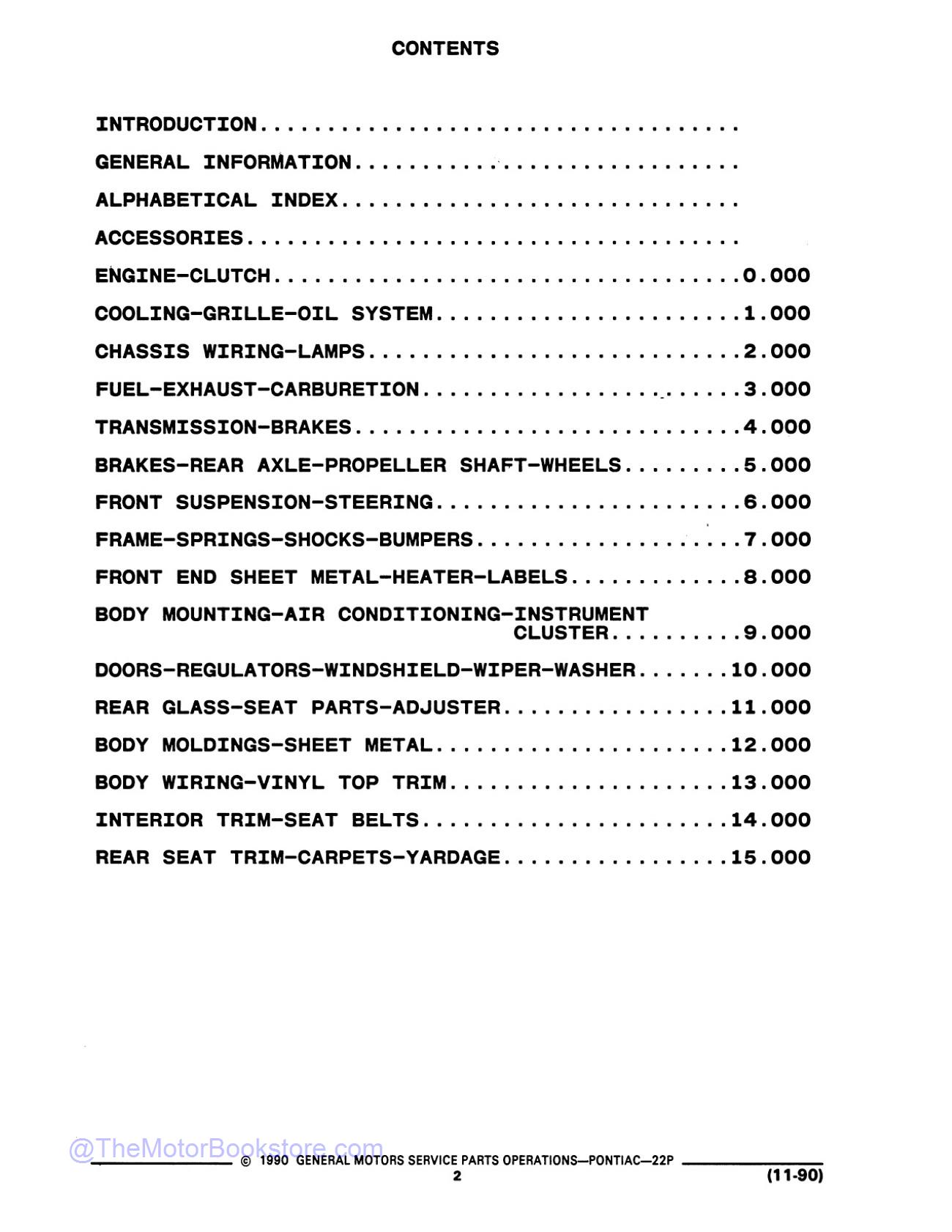 1984 - 1988 Pontiac Fiero Parts & Illustrations Catalog  - Table of Contents