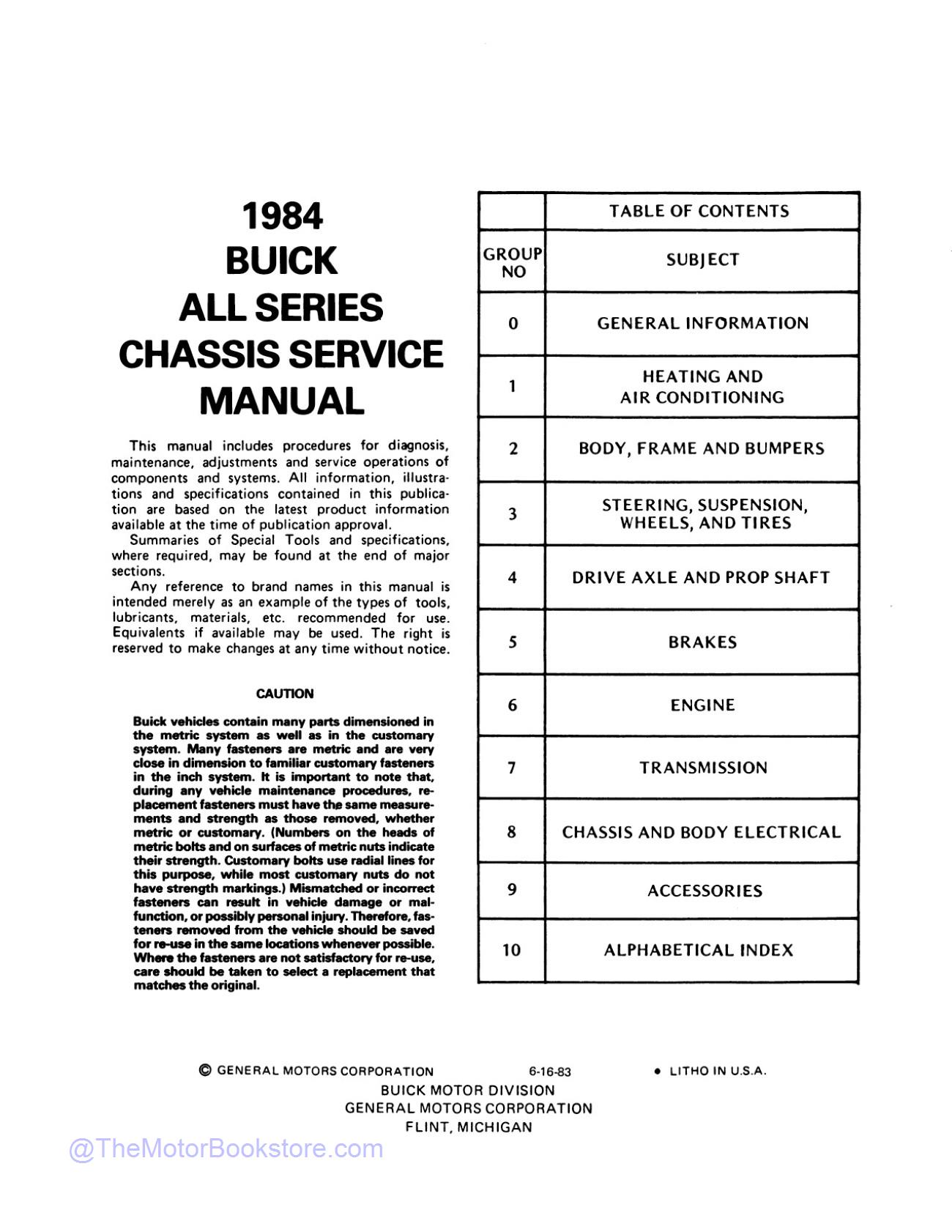 1984 Buick and Grand National Service Manual   - Table of Contents
