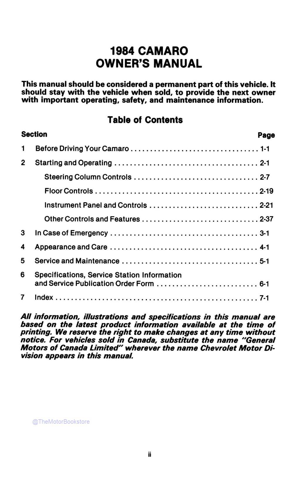 1984 Camaro Owner's Manual - Table of Contents 1984 Camaro Owner's Manual - Table of Contents