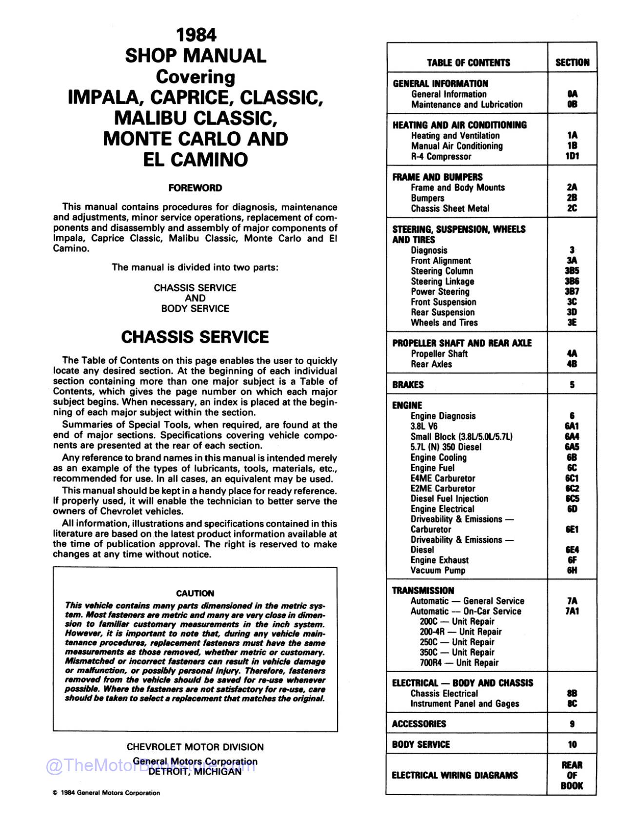 1984 Chevy Shop Manual - Monte Carlo, El Camino, Impala  - Table of Contents