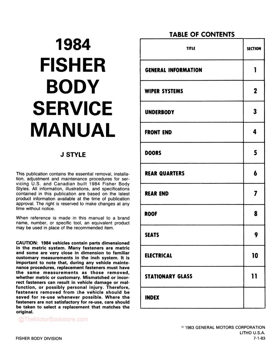 1984 Fisher Body A-X-J Service Manual - OEM  - Table of Contents - J Styles