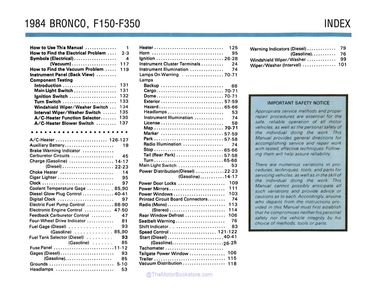 1984 Ford Truck Electrical & Vacuum Troubleshooting Manual  - Table of Contents