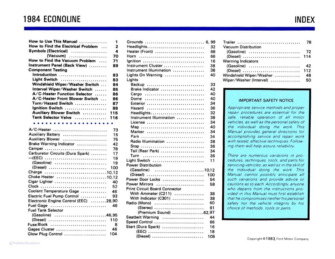 1984 Ford Econoline Van Electrical Vacuum Troubleshooting Manual  - Table of Contents