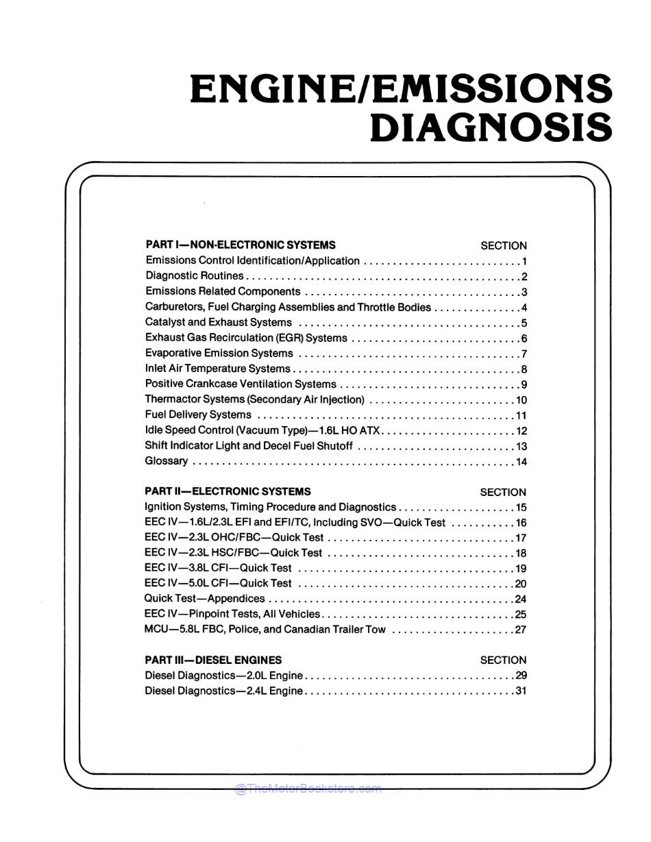 1984 Ford Lincoln Mercury Engine Emissions Diagnosis Manual  - Table of Contents