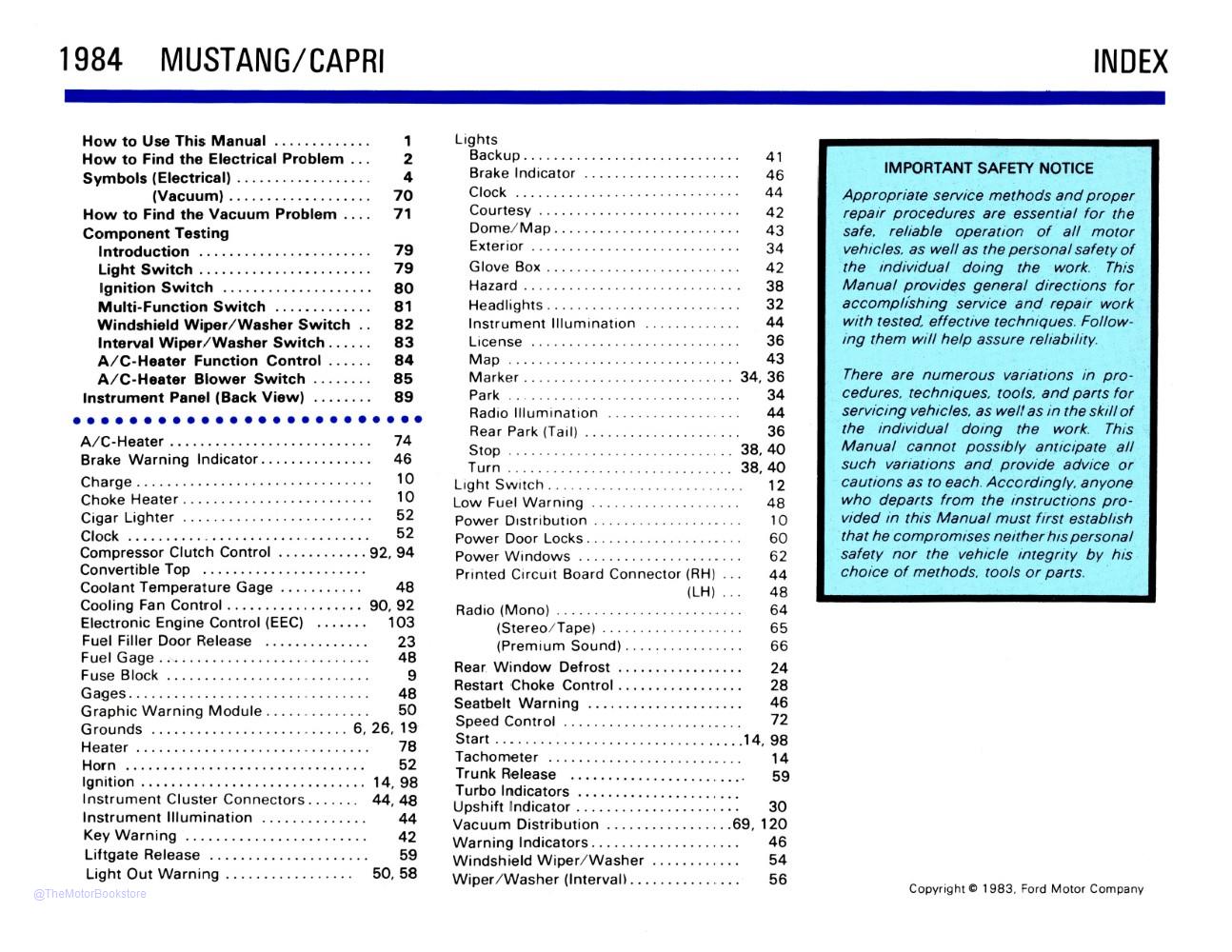 1984 Ford Mustang Capri Electrical Vacuum Troubleshooting Manual  - Table of Contents