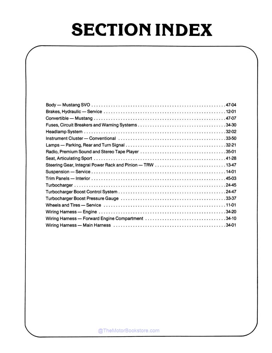 1984 Ford Mustang & SVO Shop Manual Supplement  - Table of Contents