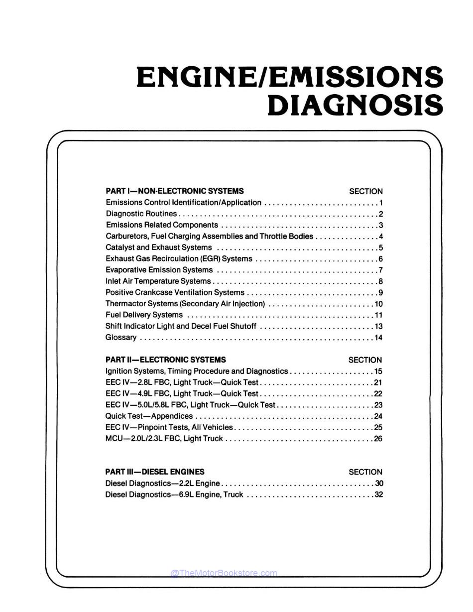 1984 Ford Truck Engine Electronics & Emissions Diagnosis Manual  - Table of Contents