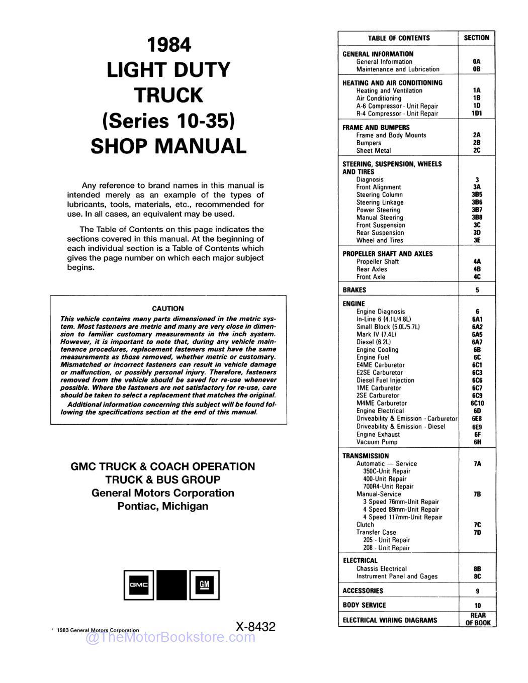 1984 GMC Light Duty Truck Service Manual (C,K,G,P Series & Jimmy)  - Table of Contents