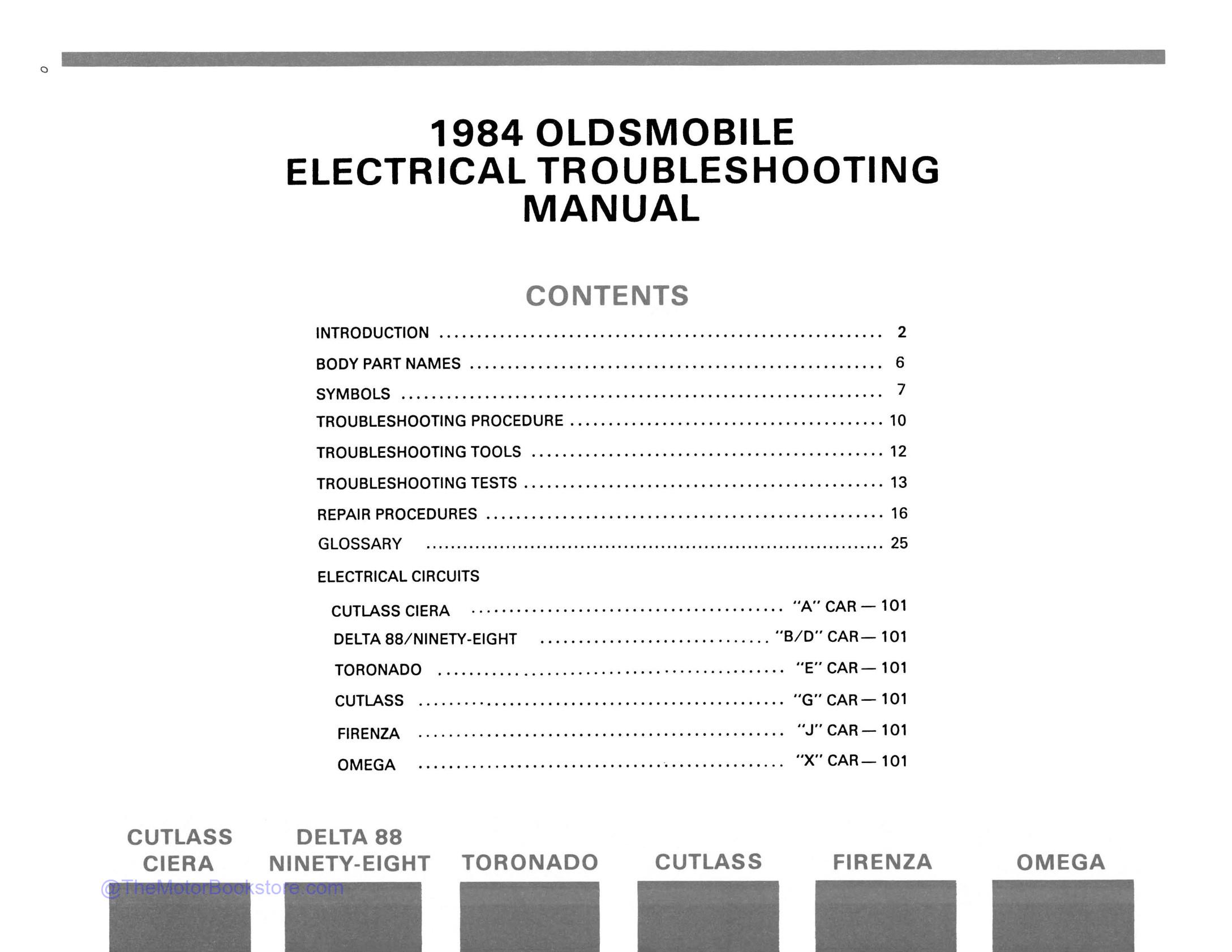 1984 Oldsmobile Electrical Troubleshooting Manual  - Table of Contents