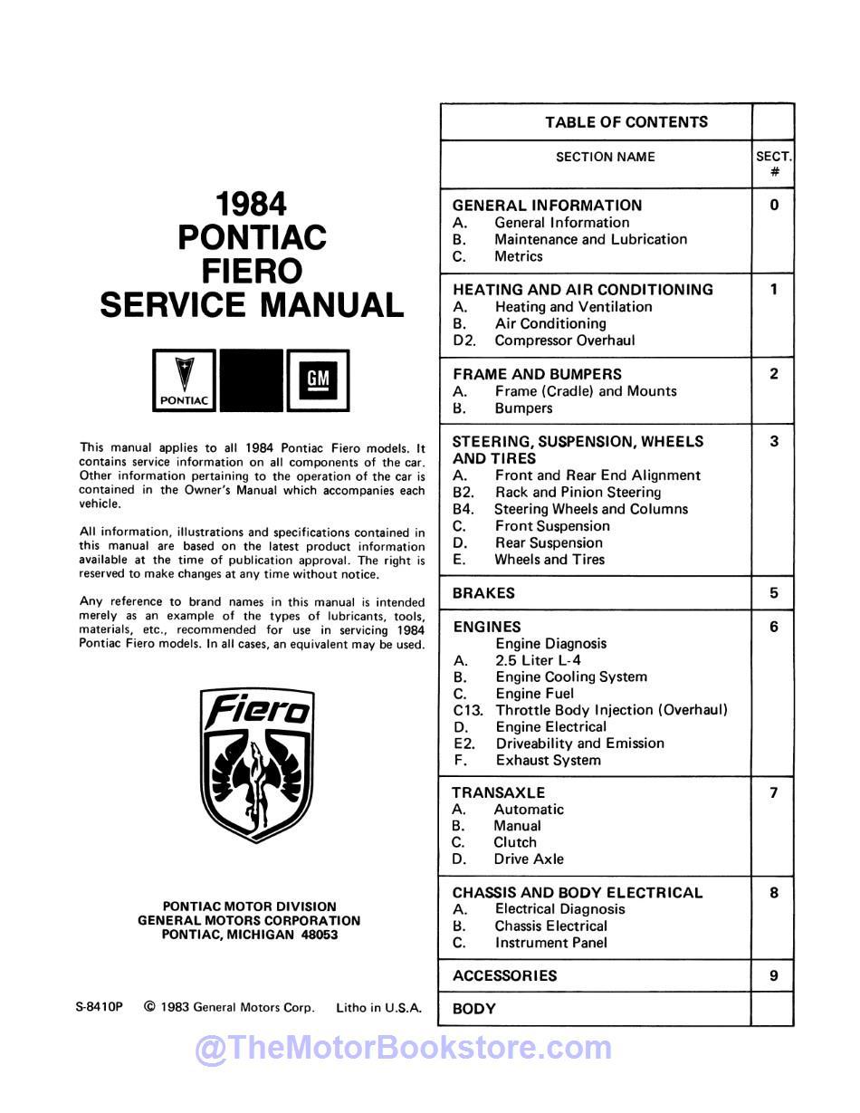 1984 Pontiac Fiero Service Manual  - Table of Contents 1