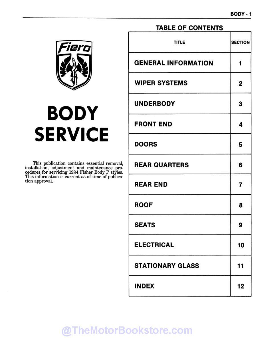 1984 Pontiac Fiero Service Manual  - Table of Contents 2