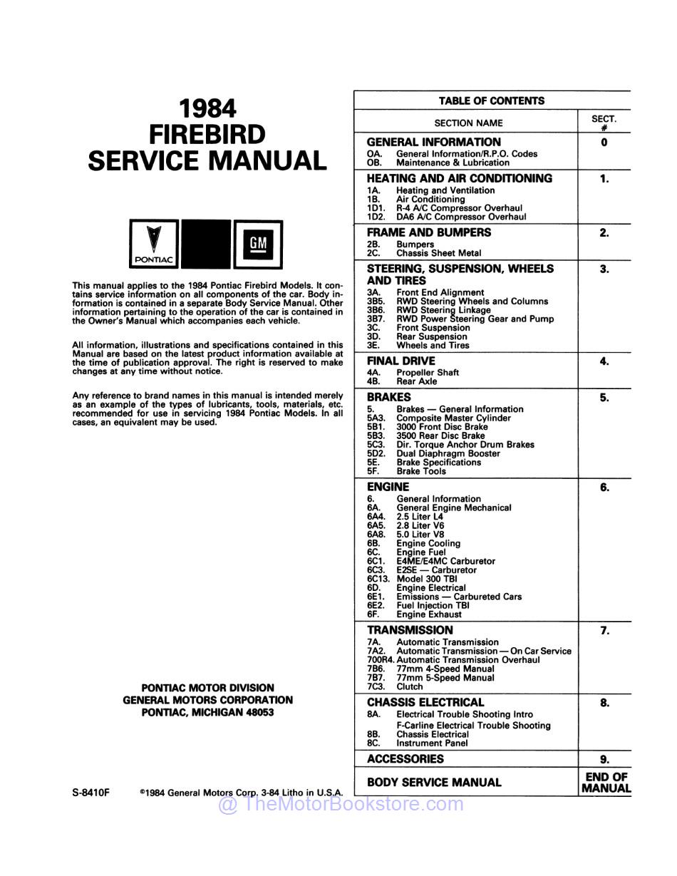 1984 Pontiac Firebird Chassis & Body Service Manual  - Table of Contents 1