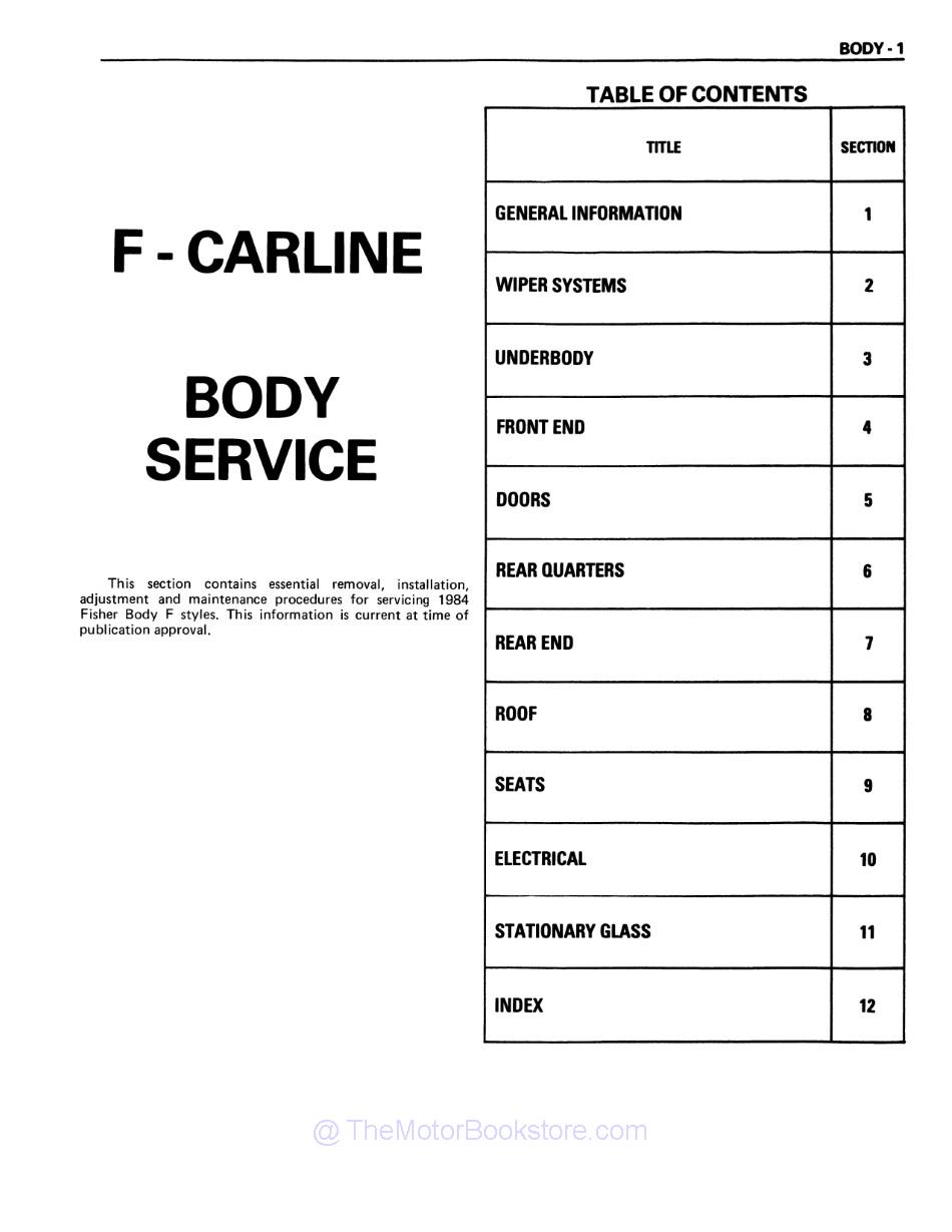 1984 Pontiac Firebird Chassis & Body Service Manual  - Table of Contents 2