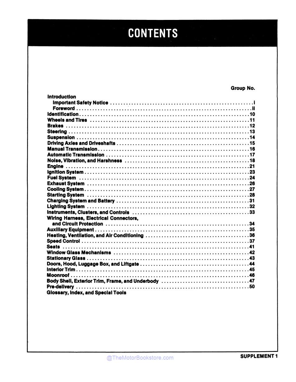 1985 - 1989 Merkur XR4Ti Shop Manual - OEM  - Table of Contents