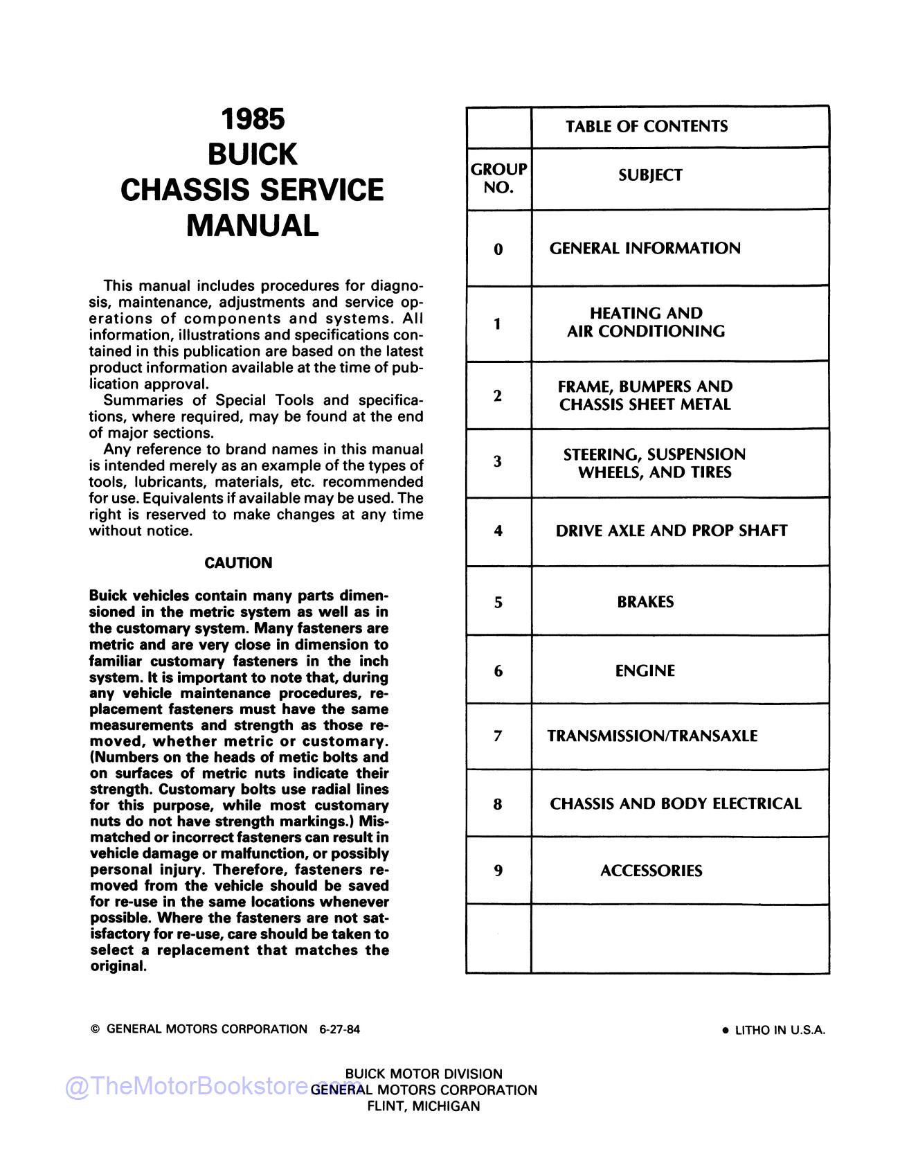 1985 Buick and Grand National Service Manual  - Table of Contents