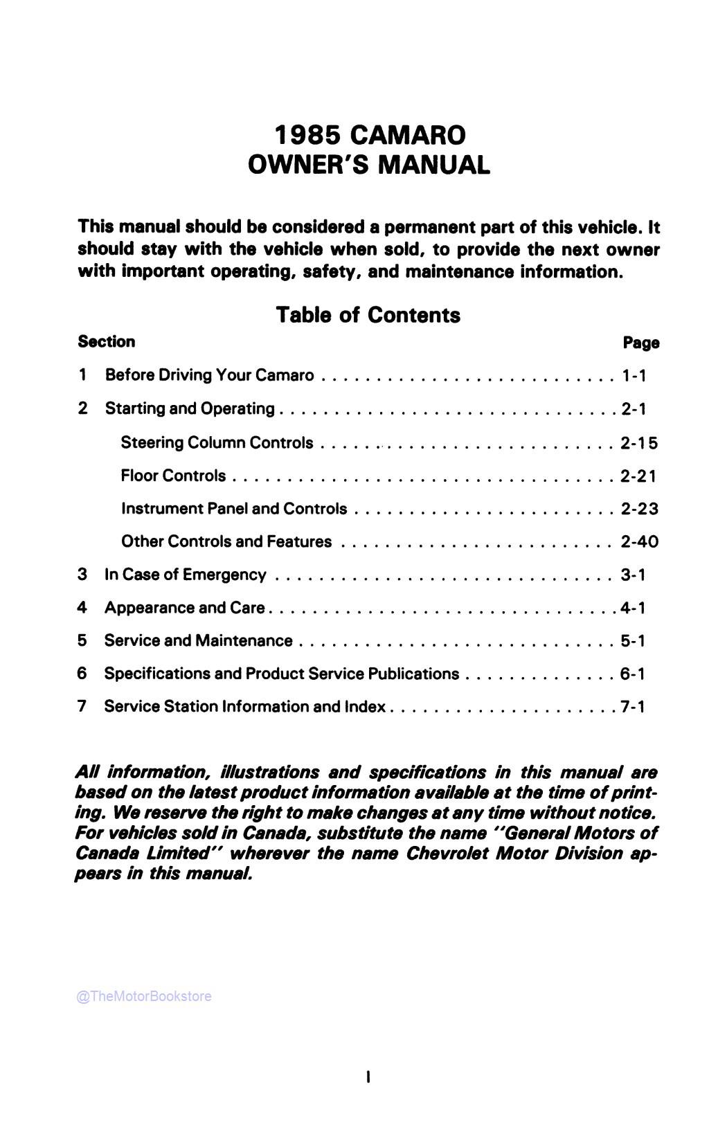 1985 Camaro Owner's Manual - Table of Contents 1985 Camaro Owner's Manual - Table of Contents