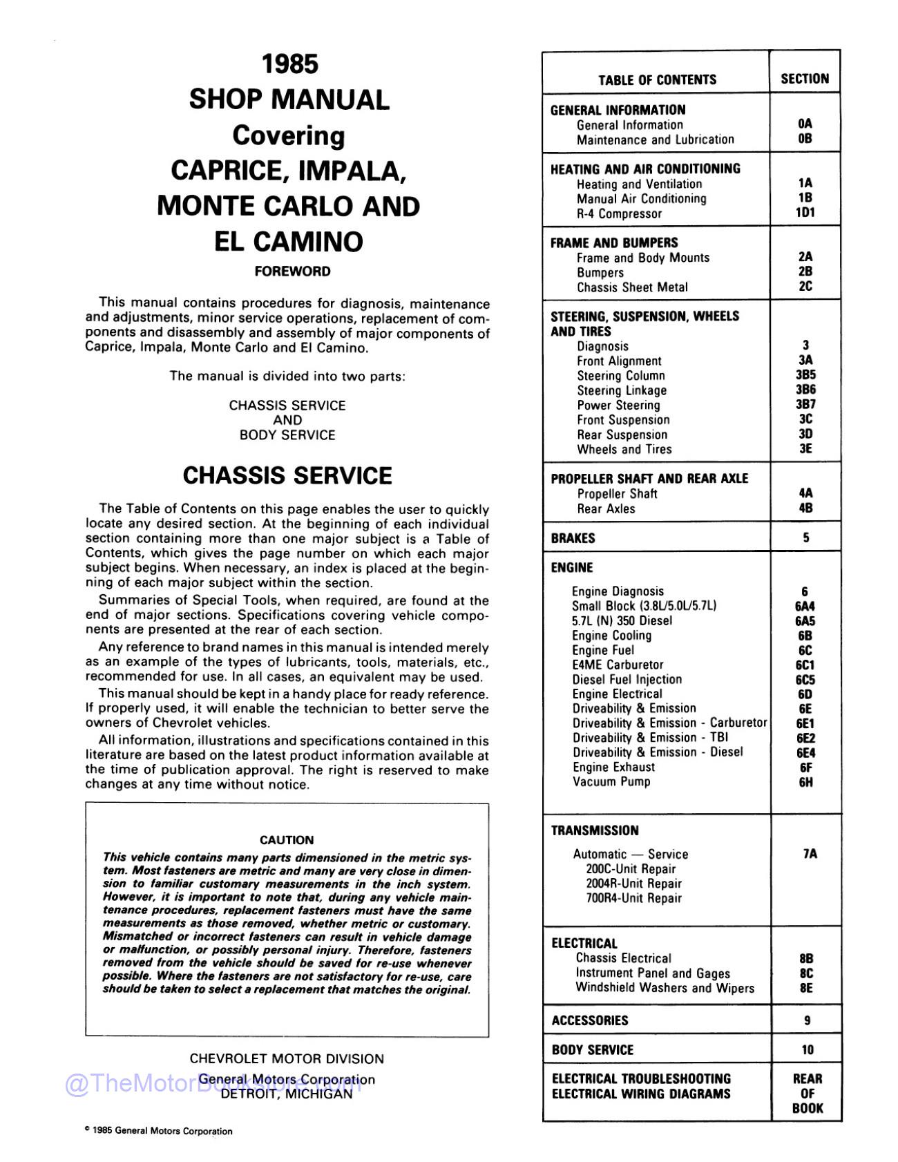 1985 Chevy Monte Carlo, El Camino, Impala Shop Manual  - Table of Contents