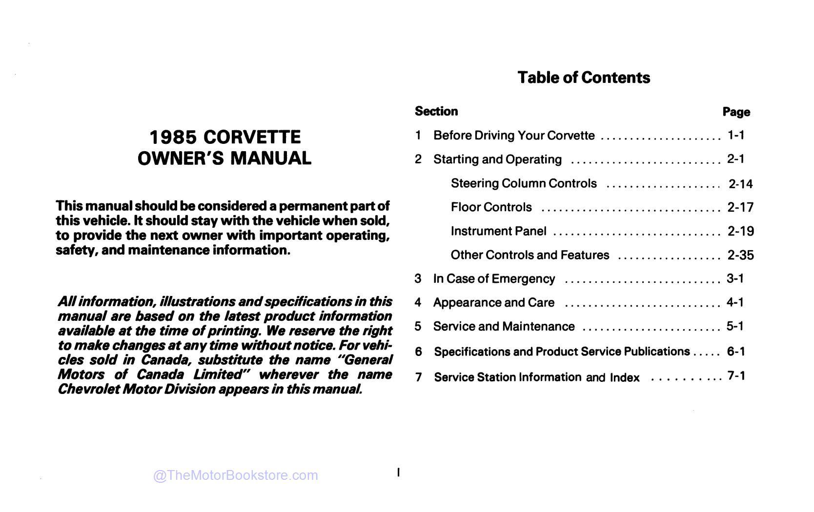 1985 Corvette Owner's Manual - Table of Contents 1985 Corvette Owner's Manual - Table of Contents