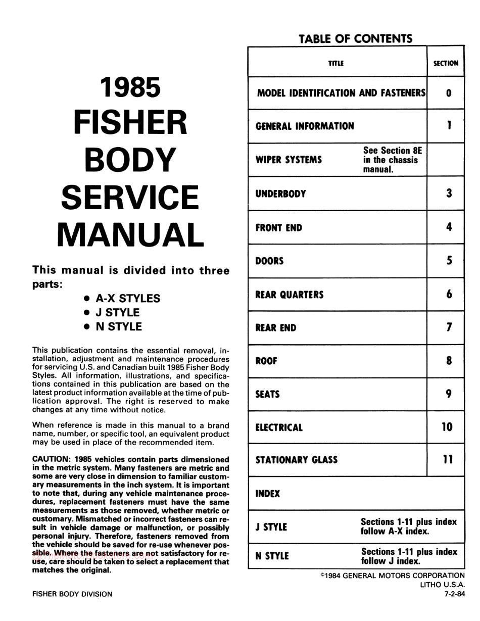 1985 Fisher Body A-X-J-N Service Manual - OEM  - Table of Contents - A-X Styles