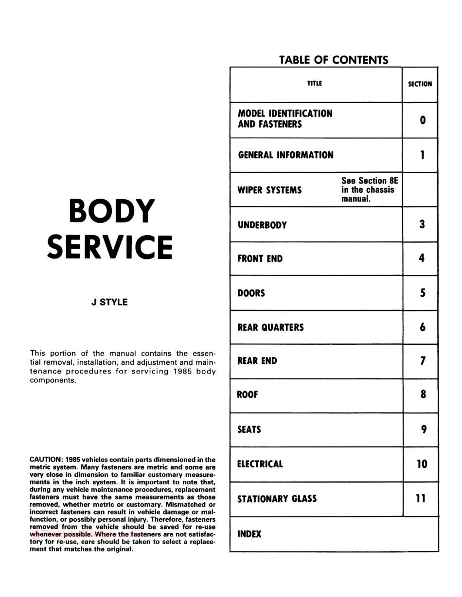 1985 Fisher Body A-X-J-N Service Manual - OEM  - Table of Contents - J Styles