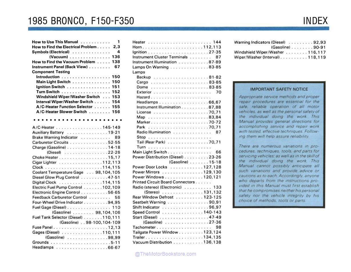 1985 Ford Truck Electrical & Vacuum Troubleshooting Manual  - Table of Contents