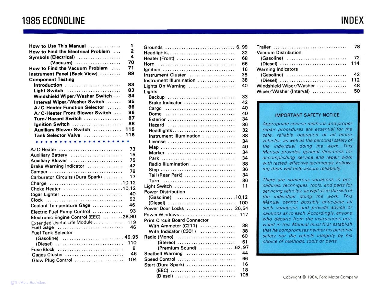 1985 Ford Econoline Van Electrical Vacuum Troubleshooting Manual  - Table of Contents