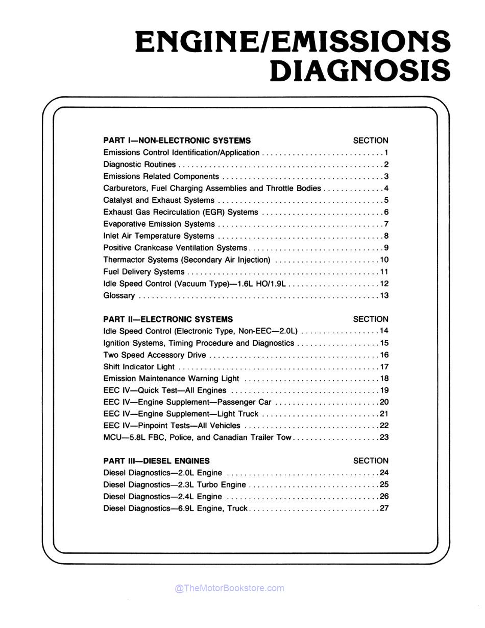 1985 Ford Engine Electronics & Emissions Diagnosis Manual  - Table of Contents