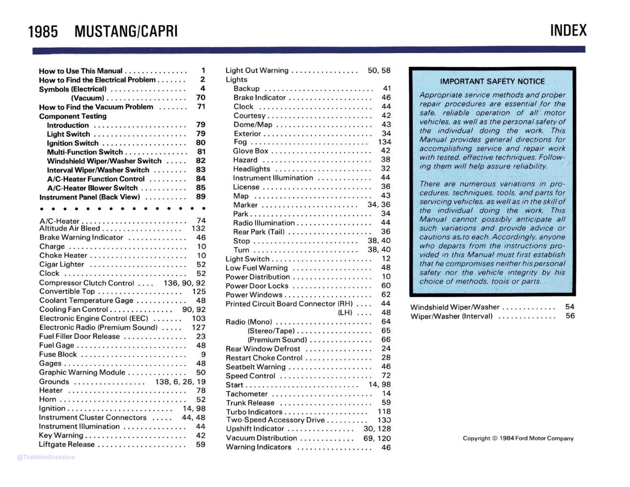 1985 Ford Mustang Capri Electrical Vacuum Troubleshooting Manual  - Table of Contents