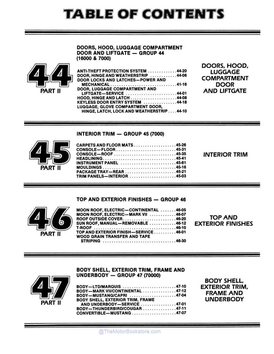 1985 Ford Mustang, Lincoln Mercury Shop Manual - 2 Volumes  - Table of Contents 5