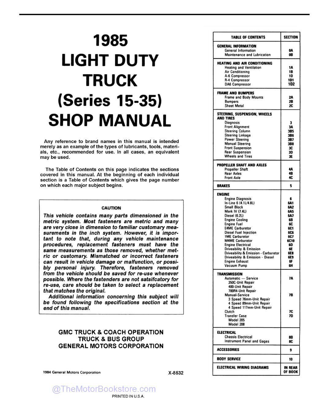 1985 GMC Light Duty Truck Service Manual (C,K,G,P Series & Jimmy)  - Table of Contents