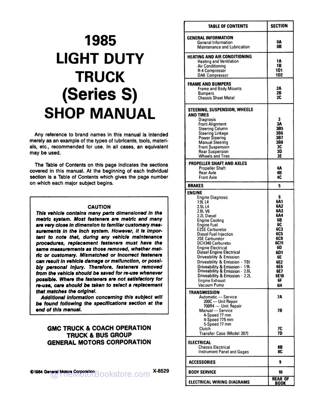 1985 GMC S15 Truck & Jimmy Service Manual  - Table of Contents