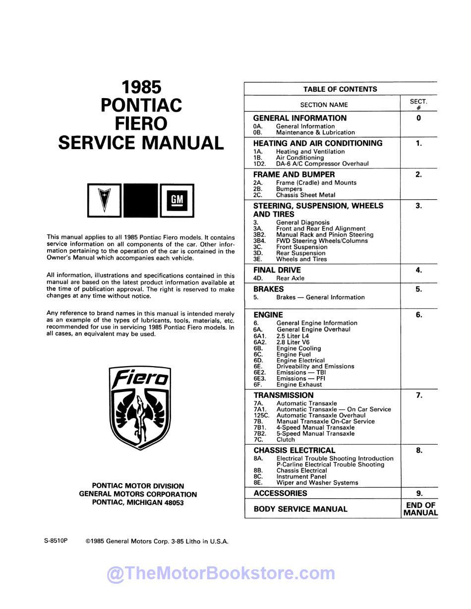 1985 Pontiac Fiero Service Manual  - Table of Contents 1