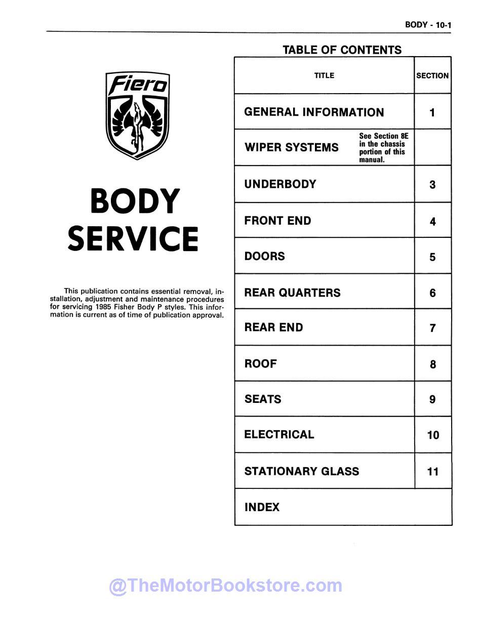 1985 Pontiac Fiero Service Manual  - Table of Contents 2