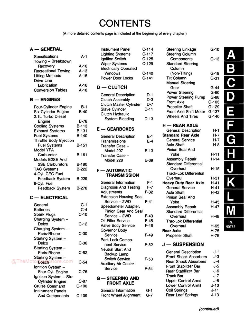 1986 - 1988 Jeep Comanche Service Shop Manual - M.R. 277 - Table of Contents 1