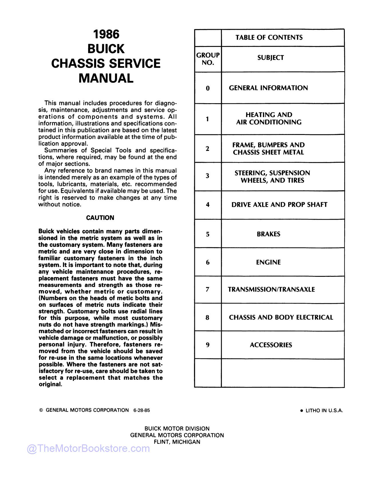 1986 Buick and Grand National Service Manual - Table of Contents