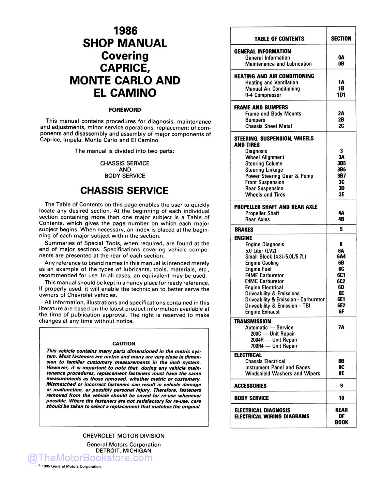 1986 Chevy Monte Carlo, El Camino, Caprice Shop Manual  - Table of Contents