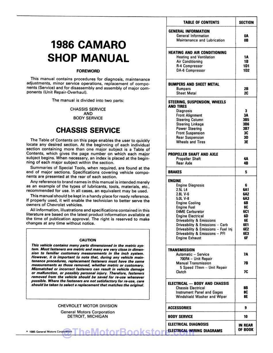 1986 Chevy Camaro Shop Manual  - Table of Contents 1