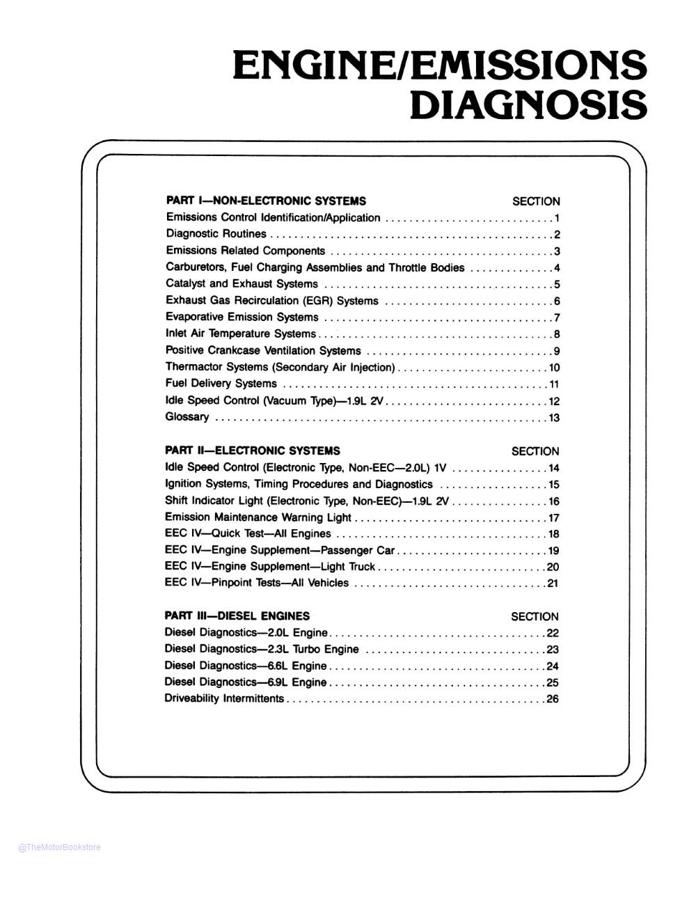 1986 Ford Car / Truck Engine & Emissions Diagnosis Shop Manual  - Table of Contents