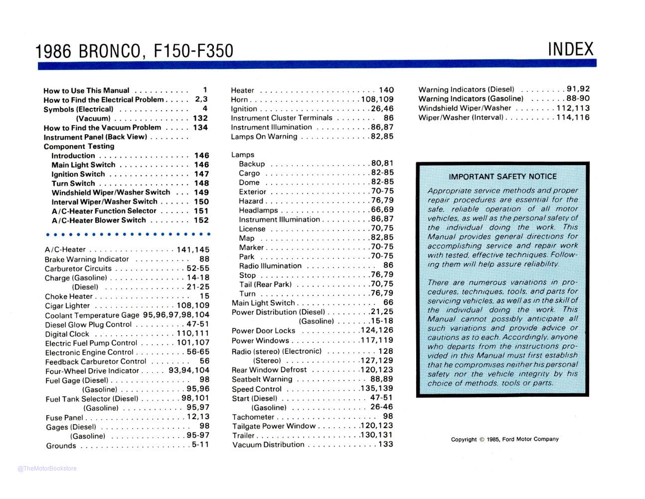 1986 Ford F-Series Truck Electrical Vacuum Troubleshooting Manual  - Table of Contents