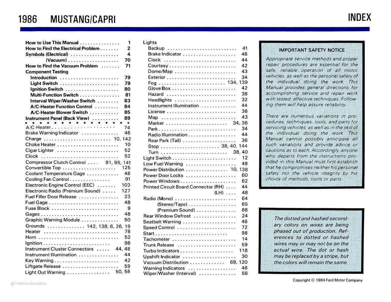 1986 Ford Mustang Capri Electrical Vacuum Troubleshooting Manual  - Table of Contents