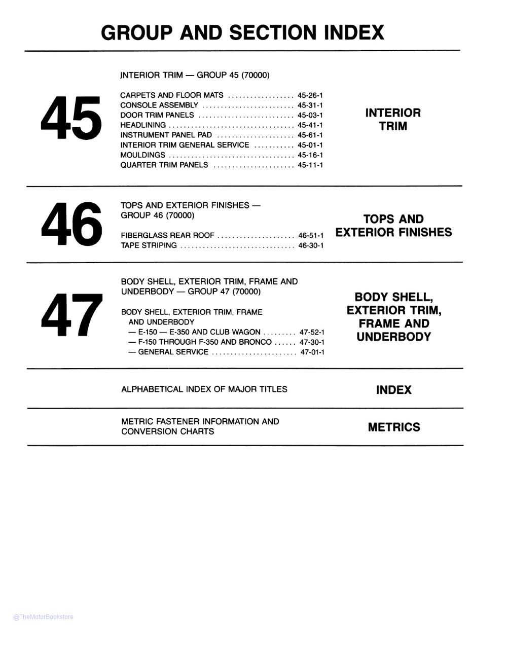 1986 Ford Truck F-150-350, E-150-350 Vans & Bronco Shop Manuals  - Table of Contents 6