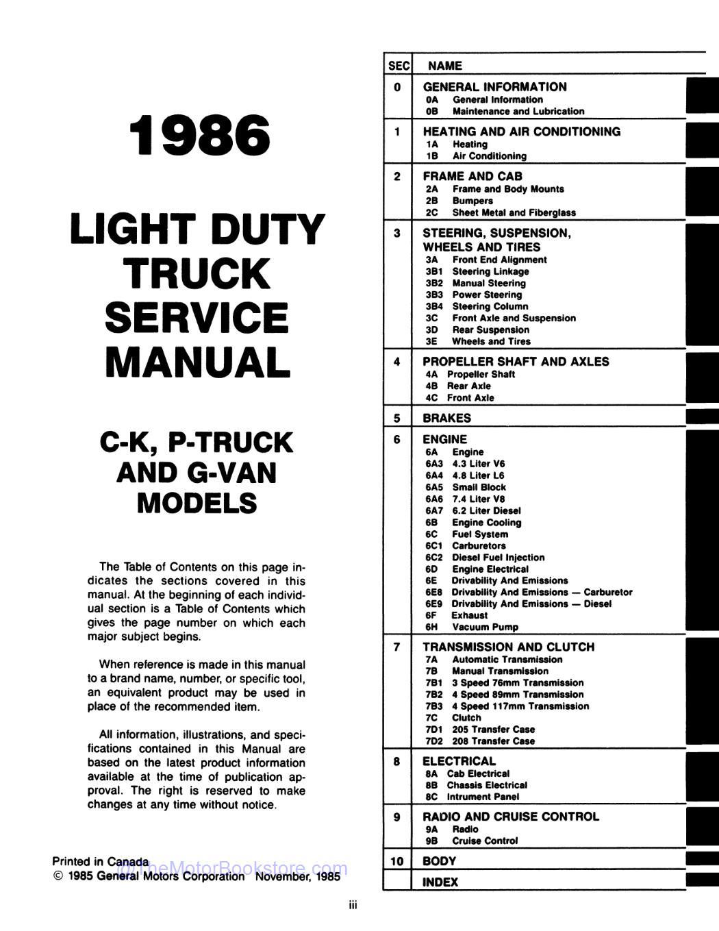 1986 GMC Light Duty Truck Service Manual (C,K,G,P Series & Jimmy)  - Table of Contents