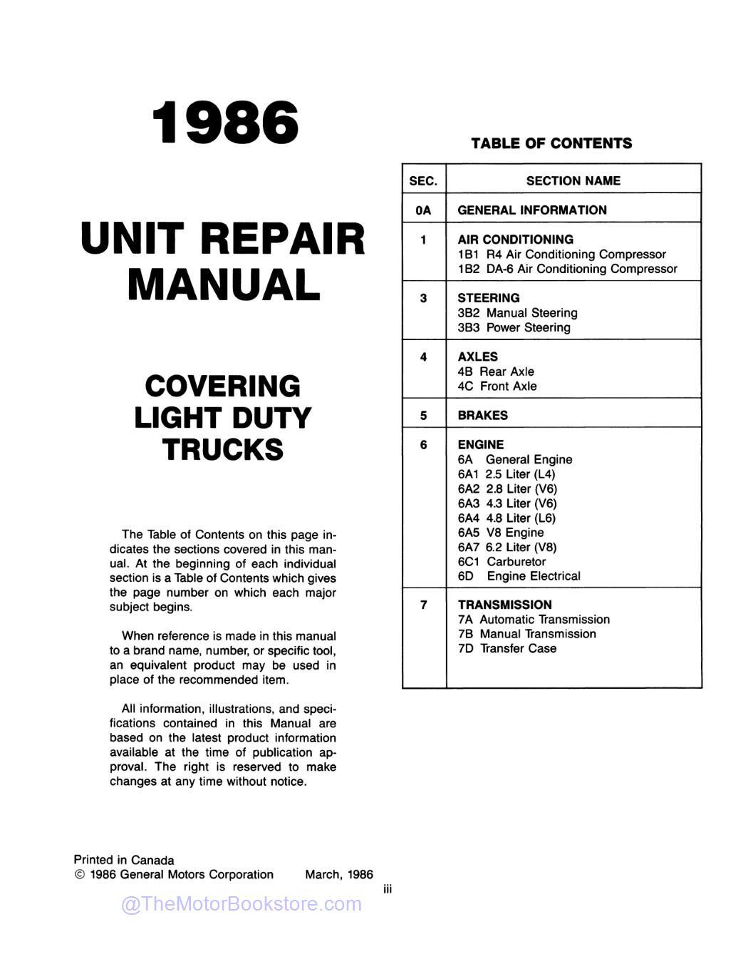 1986 GMC Light Duty Truck Unit Repair Manual - Table of Contents 1986 GMC Light Duty Truck Unit Repair Manual - Table of Contents
