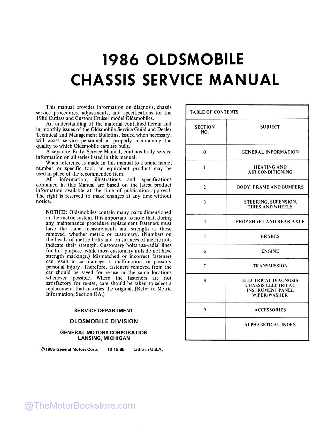 1986 Oldsmobile Service Repair Manual  - Table of Contents