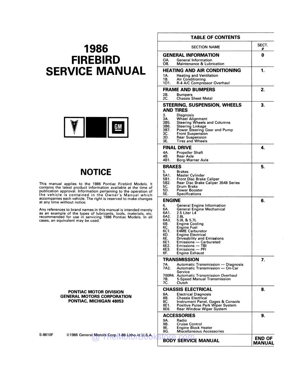1986 Pontiac Firebird Chassis & Body Service Manual  - Table of Contents 1
