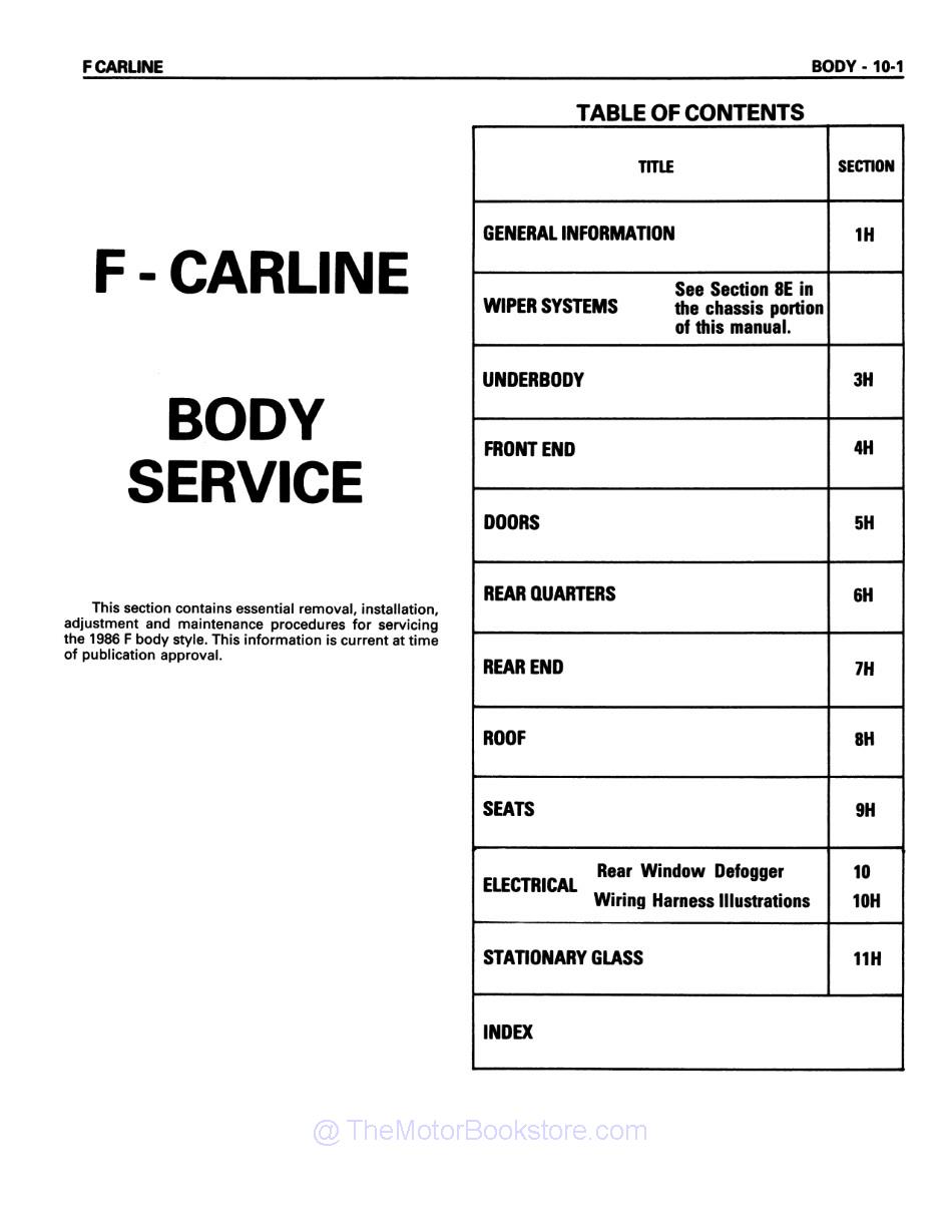 1986 Pontiac Firebird Chassis & Body Service Manual  - Table of Contents 2